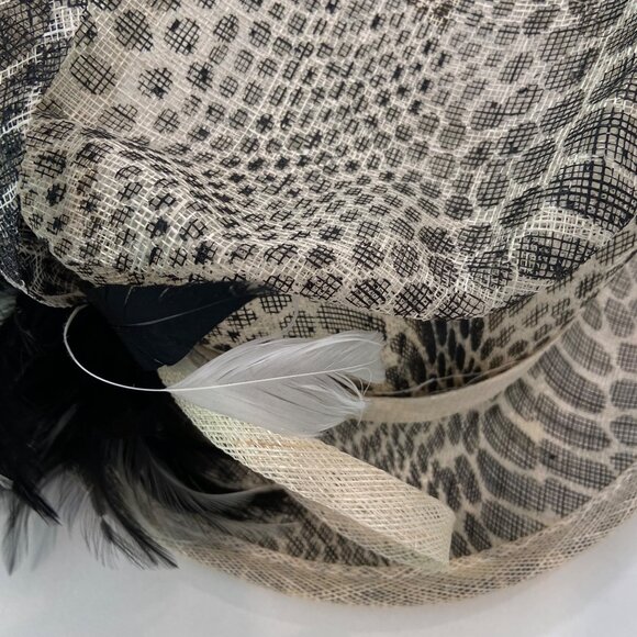 Animal Print Wide Brim Hat Black & cream/White Feather By Something Special - Picture 15 of 16